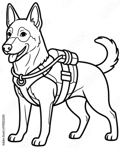 Happy Service Dog Wearing a Harness - Line Art Vector Illustration for Coloring Books and Educational Resources