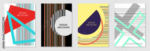 Geometric cover design, set. Abstract unusual background in the style of Memphis. Bright geometric shapes