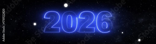 Glowing neon line word of 2026 on planet earth with space background. Concept of new year beginning, happy celebration, festival, new life, growth of business, investment, finance, innovation. 4K