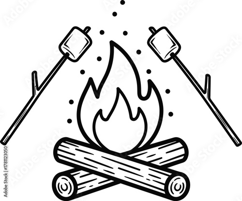 Outline illustration of campfire with burning logs and two marshmallows roasting on sticks