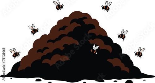 Bees, compost, manure, insects, pile, organic, nature, soil, black, brown, flying, swarm, environment, waste, decomposition, garden, ecology, silhouette, wildlife, background