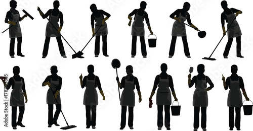 Cleaning, sanitation, hygiene, janitor, worker, mop, broom, bucket, gloves, apron, spray, duster, brush, tools, service, chores, disinfect, housekeeping, silhouette, equipment