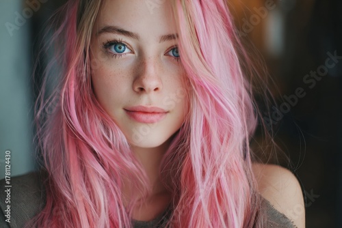 A young woman with vibrant pink hair and striking blue eyes sits in a cozy indoor space. The warm light highlights her features as she gazes gently, creating an inviting atmosphere