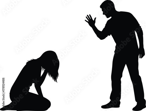 Conflict, emotion, stress, silhouette, argument, tension, people, relationship, verbal, abuse, distress, anger, confrontation, shout, kneel, posture, drama, expression, scene, reaction
