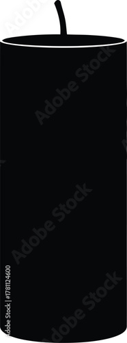 Black pillar candle silhouette icon with visible wick, isolated on a clean white background. minimalist.
