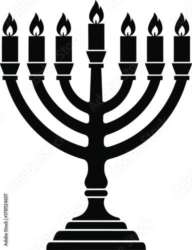 Jewish seven-branched candelabrum silhouette icon, religious symbol of ancient israel and judaism.