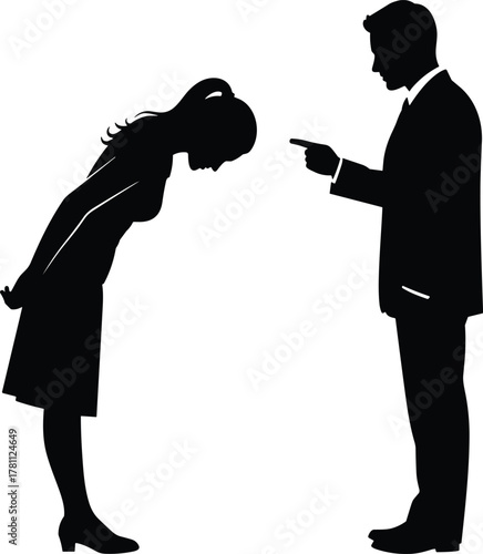 Conflict, reprimand, authority, submission, silhouette, people, pointing, posture, suit, skirt, gesture, confrontation, drama, tension, communication, scene, interaction, discipline, body language