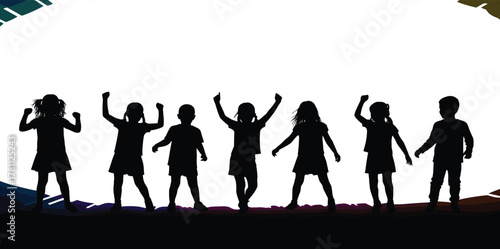 Children silhouettes, raised arms, joyful pose, colorful ground, abstract shapes, unity, celebration, movement, energy, black and white, expressive scene