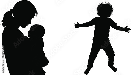 Mother, baby, child, family, care, parenting, bonding, silhouette, affection, nurture, support, relationship, jump, embrace, motion, protection, love, growth, comfort, connection