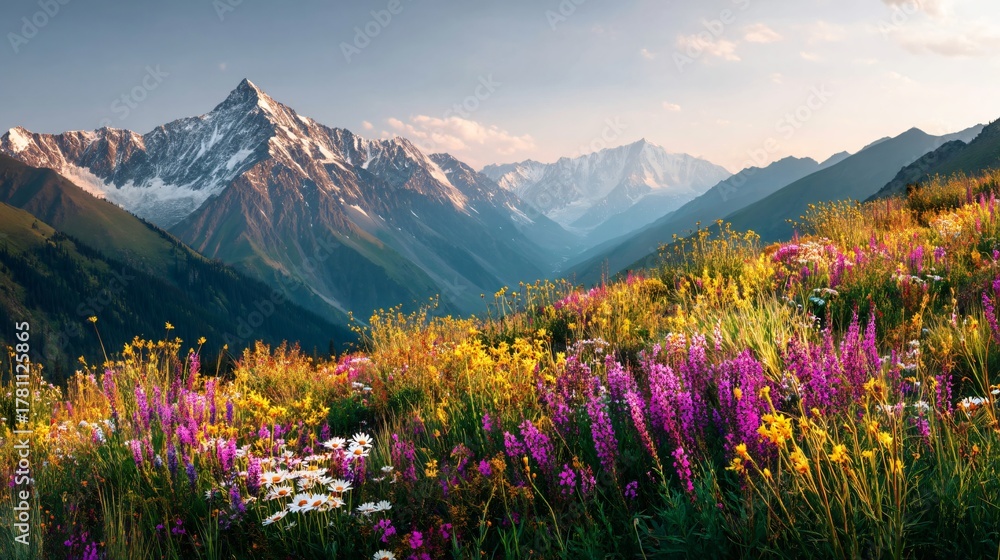 Fototapeta premium Sunrise Over Alpine Wildflower Meadow