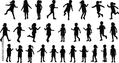 Children silhouettes, walking, running, gesturing, posture study, black and white, motion reference, hairstyle variation, minimal design, animation, physical activity
