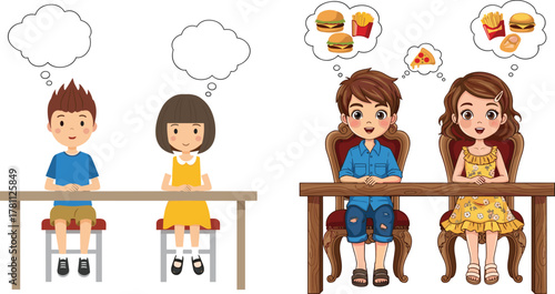 Children thinking, food imagination, blank thoughts, cartoon kids at table, emotional contrast, hunger concept, expressive bubbles, playful indoor scene