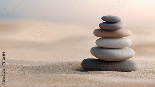 Smooth balanced stones on beige sand surface, soft light, minimalist zen composition,