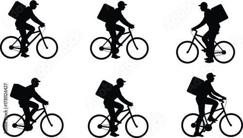 bicycle delivery rider silhouette, courier service vector, food delivery illustration, urban transport artwork, black white cyclist design, logistics worker icon,  