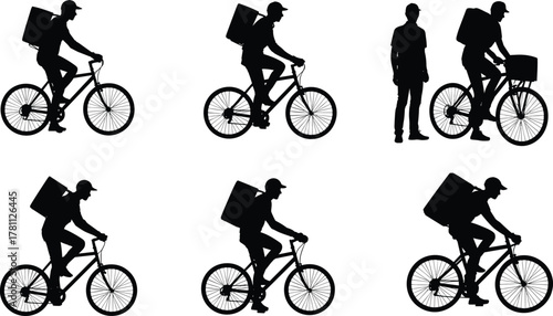 Bicycle delivery rider silhouettes, courier with backpack, food delivery service, cycling worker, logistics transport, urban mobility, courier job, lifestyle occupation, fast service, transportation