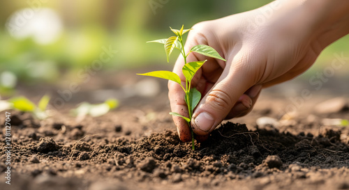 Planting seedling in soil hand close up gardening agriculture growth nature care environment sustainability