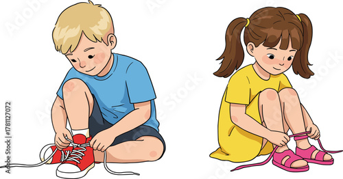 Children tying shoes and sandals, cartoon kids independence moment, red sneakers, pink sandals, blue shirt, yellow dress, motor skills