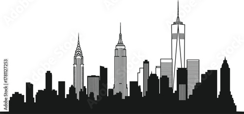 New York, skyline, silhouette, cityscape, architecture, buildings, urban, landmark, Empire State, Chrysler, One World, spire, tower, famous, USA, travel, tourism, black, white, illustration