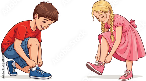 Children tying shoelaces illustration, cartoon kids, motor skill activity, independence gesture, daily routine, vector art, footwear care, crouching pose