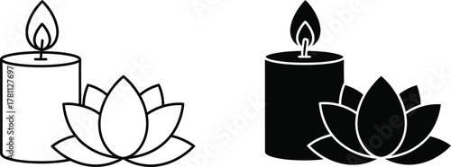 Outline and solid candle with lotus flower icons for spa, meditation, wellness, spiritual design
