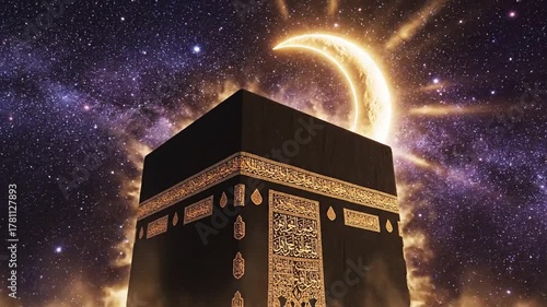 Religious landmark at night under a glowing crescent moon and stars