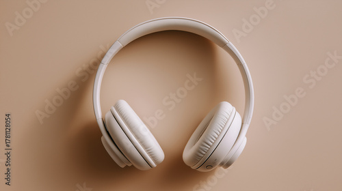 White headphones arranged neatly on beige surface, minimal tech flat lay