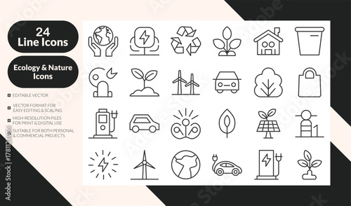 Ecology & Nature Line Icons. Environment, Green Energy, Sustainability, Renewable Resources Vector Set. EPS10