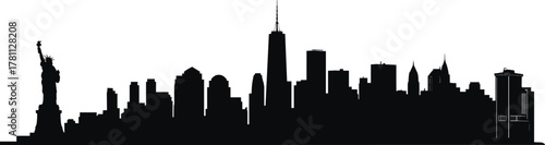 New York, skyline, silhouette, cityscape, architecture, buildings, urban, landmark, Liberty, One World, spire, tower, famous, USA, travel, tourism, black, white, illustration, skyscrapers