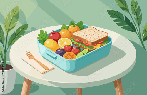 Healthy meal lunchbox with colorful fruits and sandwich on green background