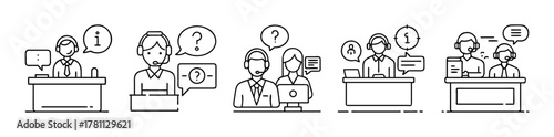 Call center, customer support, and helpdesk line art icons pack.