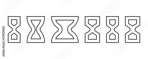 A simple line drawing of a black hourglass with sand falling on a white background