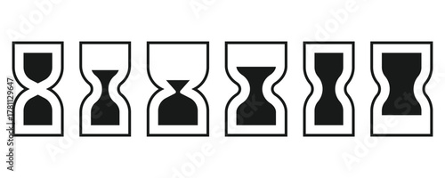 A simple line drawing of a black hourglass with sand falling on a white background