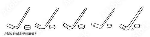 Ice hockey stick and puck line art icons set, vector illustration