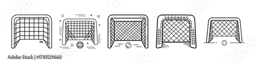 Soccer football goals and balls line art icons on white background