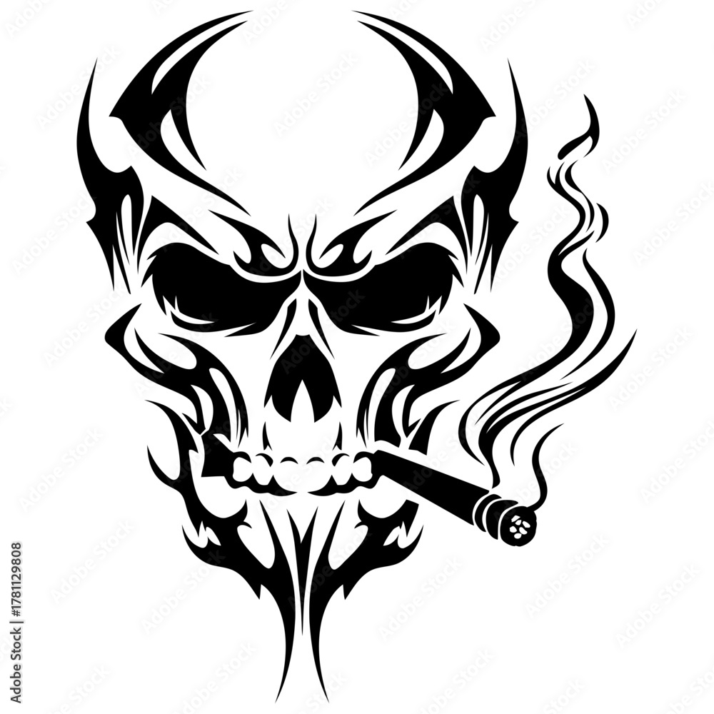 Fototapeta premium Vector Art Bold Skull with Cigar Design Symmetrical Tattoo Emblem Black and White Graphic Elements for Logos and Accessories