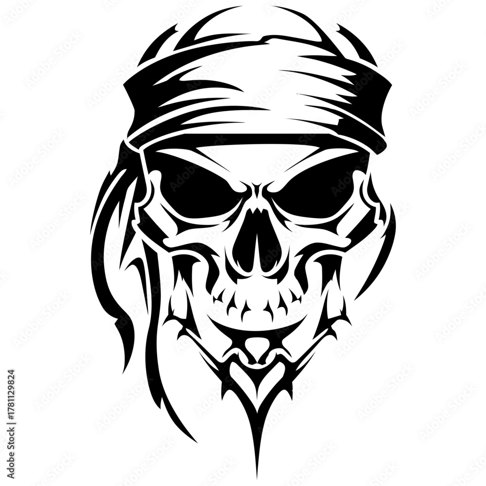 Fototapeta premium Vector Art Bold Skull with Bandana and Helmet Ornaments for Tattoo Emblem or Logo Design