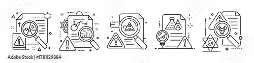 Hazard analysis and safety inspection document review line icon set