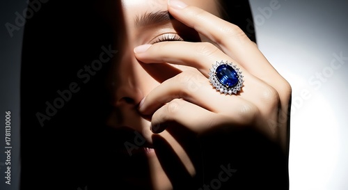 Elegant Woman Wearing Exquisite Oval Sapphire Engagement Ring with Diamond Halo on Hand Near Eye Close Up Jewelry Macro Photography