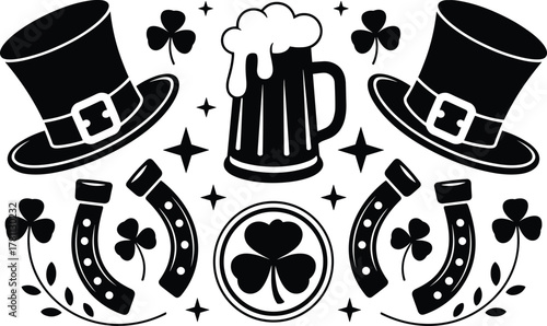 st patricks day, beer, mug, leprechaun, hat, shamrock, clover, horseshoe, irish, culture, folklore, holiday, festive, illustration, vector, design, celebration, icon, symbol, style