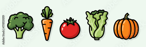 Cute vegetable icons with broccoli, carrot, tomato, lettuce, and pumpkin. Simple flat style with black outline and soft shadows on light background, perfect for healthy food or organic market themes