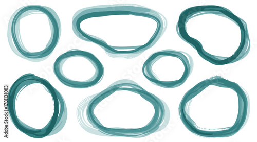 Abstract turquoise hand drawn circular brush shapes. Minimalist vector collection of uneven rings for frame, logo, or decorative design. Artistic irregular lines create modern organic texture
