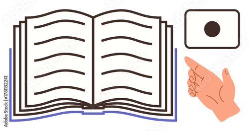 Open book with visible text, pointing hand suggesting interaction, and a button for actionable input. Ideal for education, learning, digital interaction, user guidance, instructions, manual reading