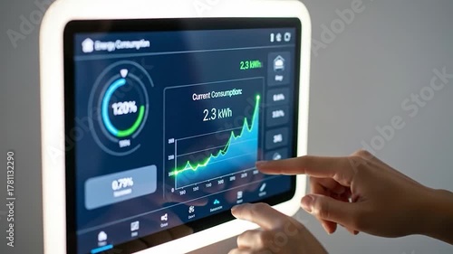 Smart home energy consumption monitor display with hands interacting with data graphs on touchscreen interface