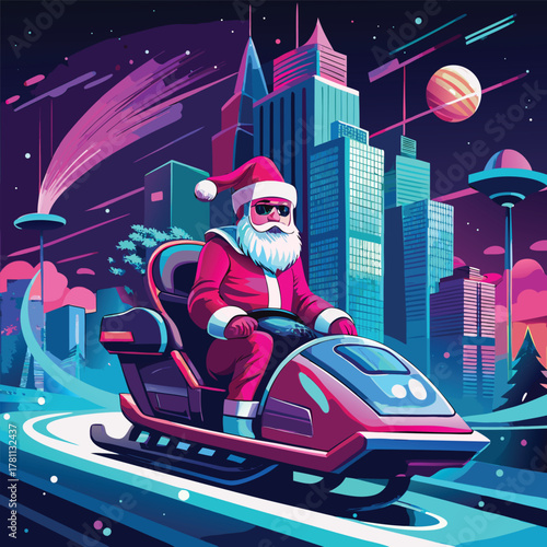 Cyberpunk Santa Claus cruising through futuristic city on snowmobile cyberpunk
