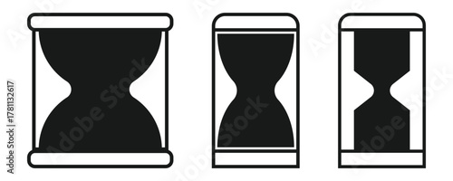 Simple black and white hourglass outline drawing with sand, stock vector icon in line style
