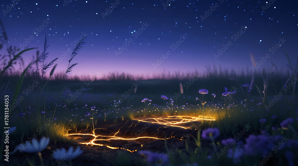 Naklejka premium Magical meadow path under a starry night sky