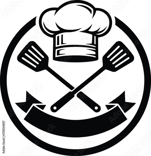 Silhouette Chef cooking emblem with spatulas vector illustration