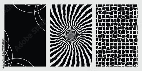Three abstract graphic designs in black and white, featuring geometric patterns and lines on a plain background