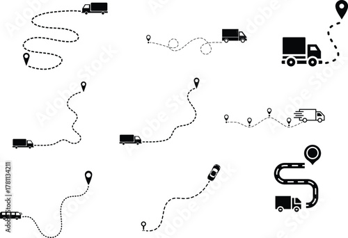 Delivery Truck Route Multiple truck trakes with dotted lines. Pin map location of truck delivery on route icon design element on white background Cargo transport icons