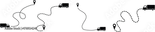 Delivery Truck Route Multiple truck trakes with dotted lines. Pin map location of truck delivery on route icon design element on white background Cargo transport icons